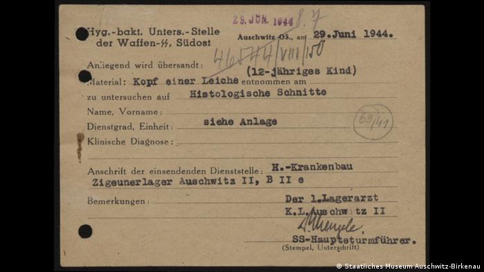 A document signed by Mengele from Auschwitz (Staatliches Museum Auschwitz-Birkenau)