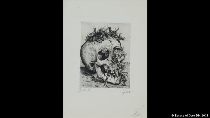 An etching of a rotting skull infested with vermin and maggots (Estate of Otto Dix 2018)