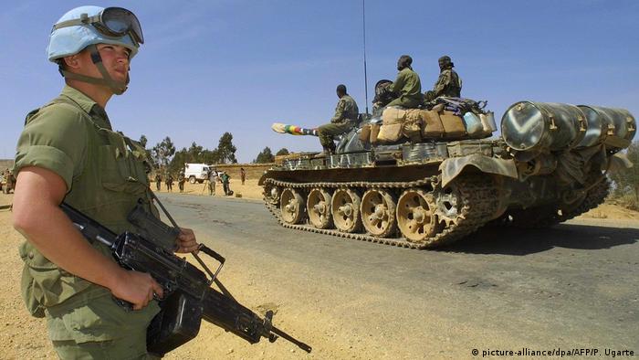 A United Nations soldier supervising the retreat of the Ethiopian army from Eritrea in 2001