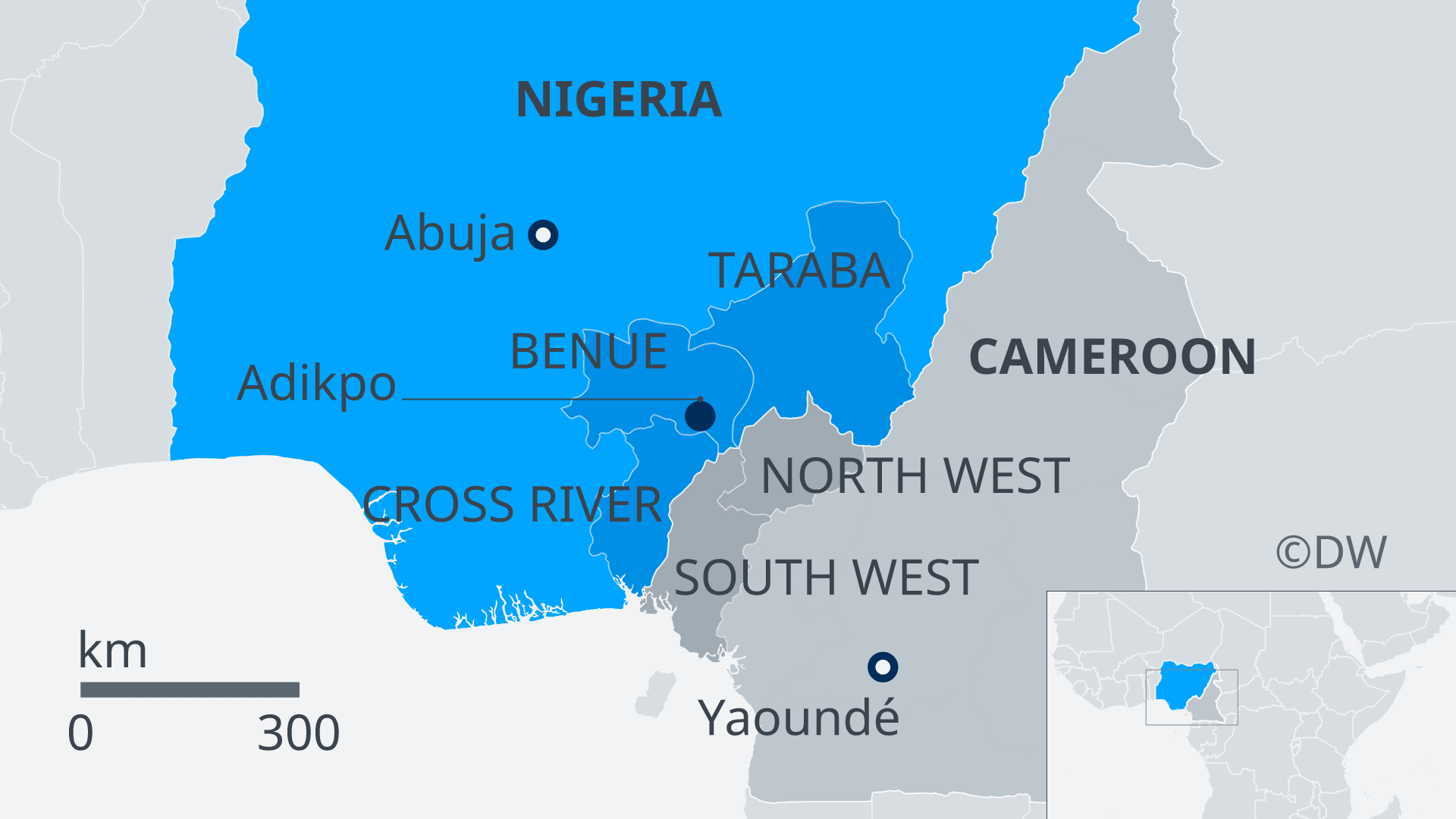 A map showing Nigeria and neigboring Cameroon 