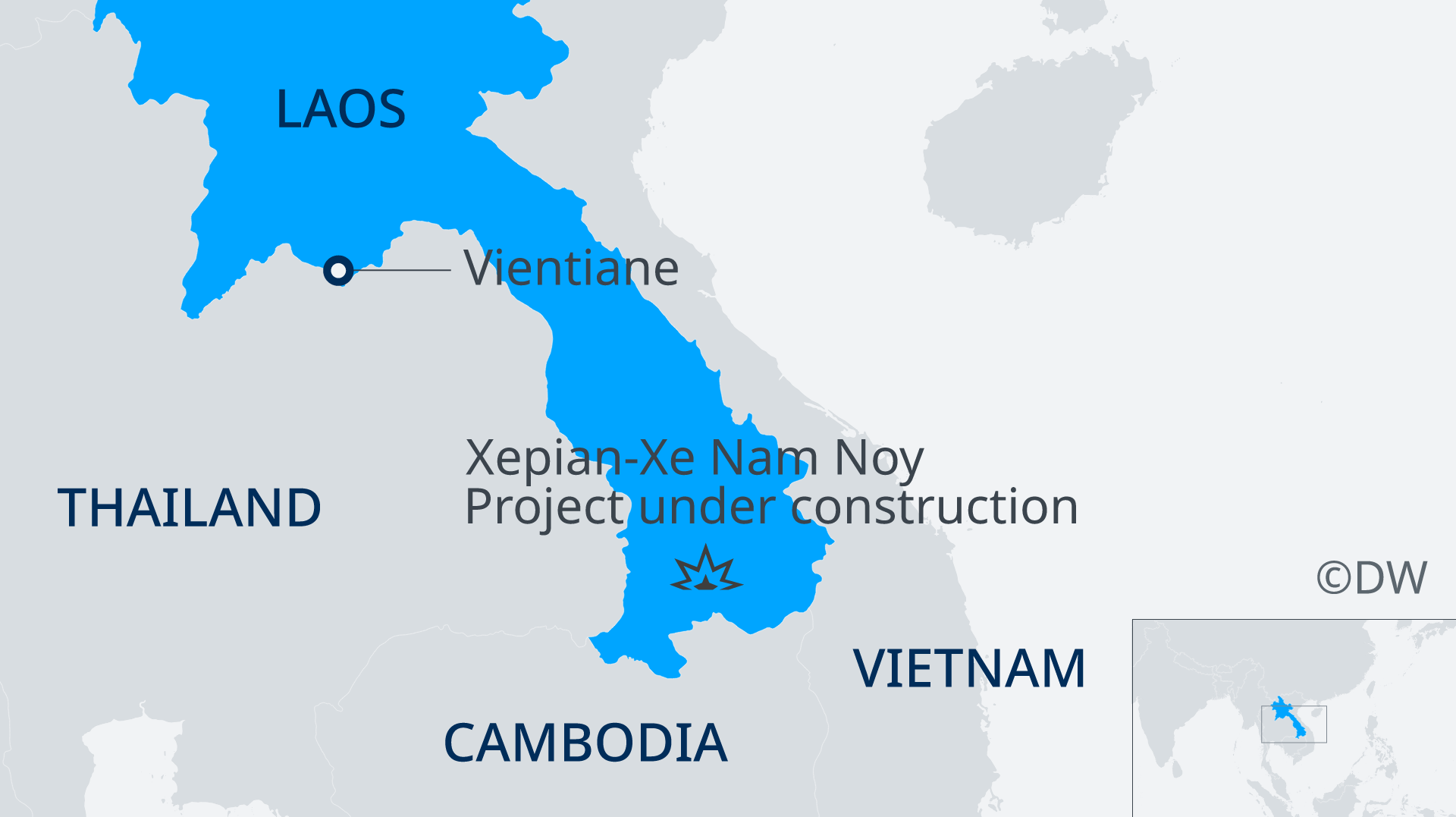 A map of laos showing the location of a dam that collapsed