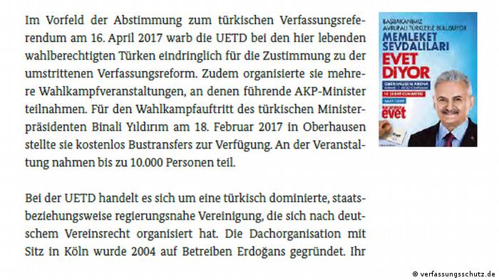 BfV raporunun UETD'ye ilişkin bölümünde 18 Şubat 2017'de dönemin Başbakanı Yıldırım'ın Oberhausen seçim mitingiyle ilgili broşür de yer aldı.