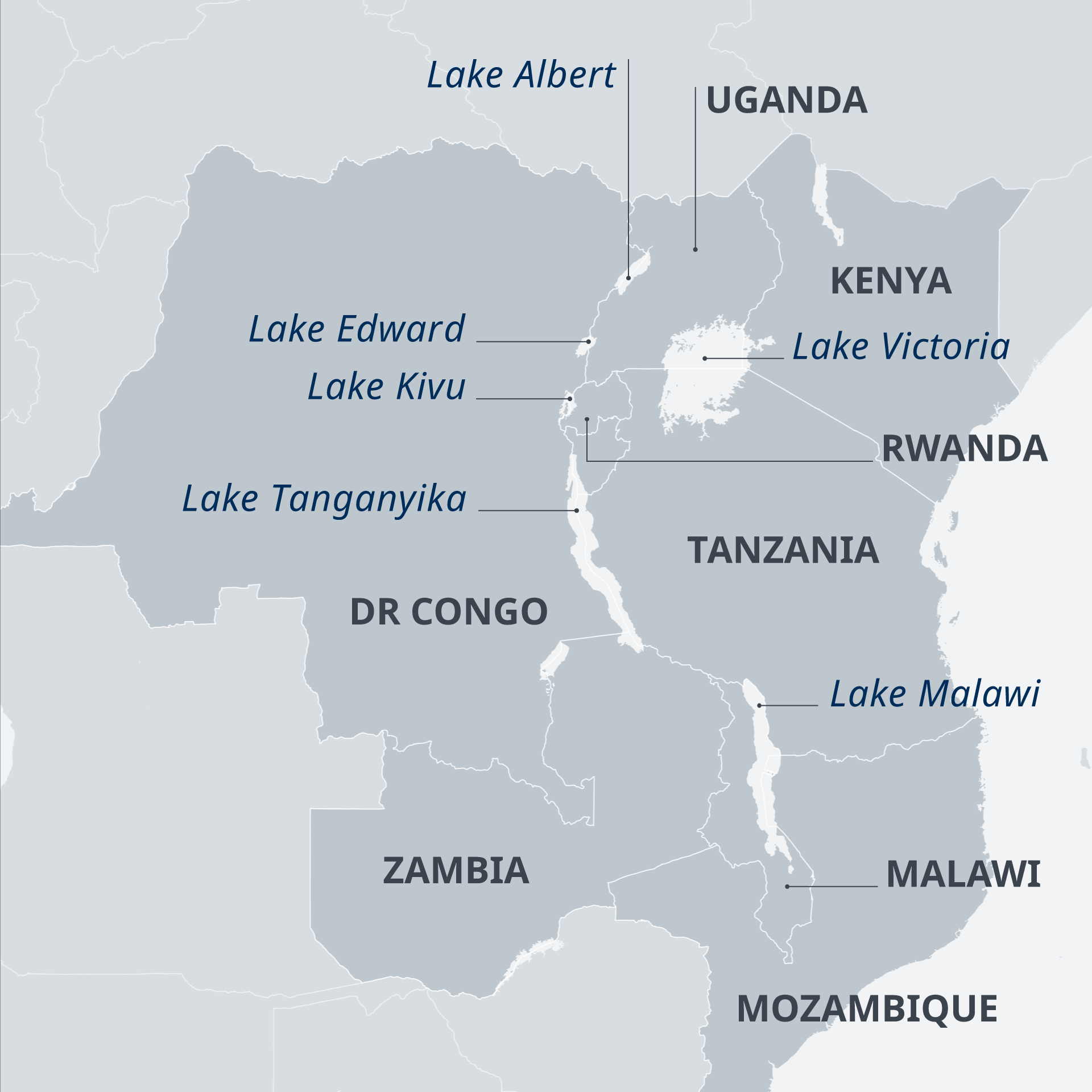 A map showing the lakes and borders in East Africa