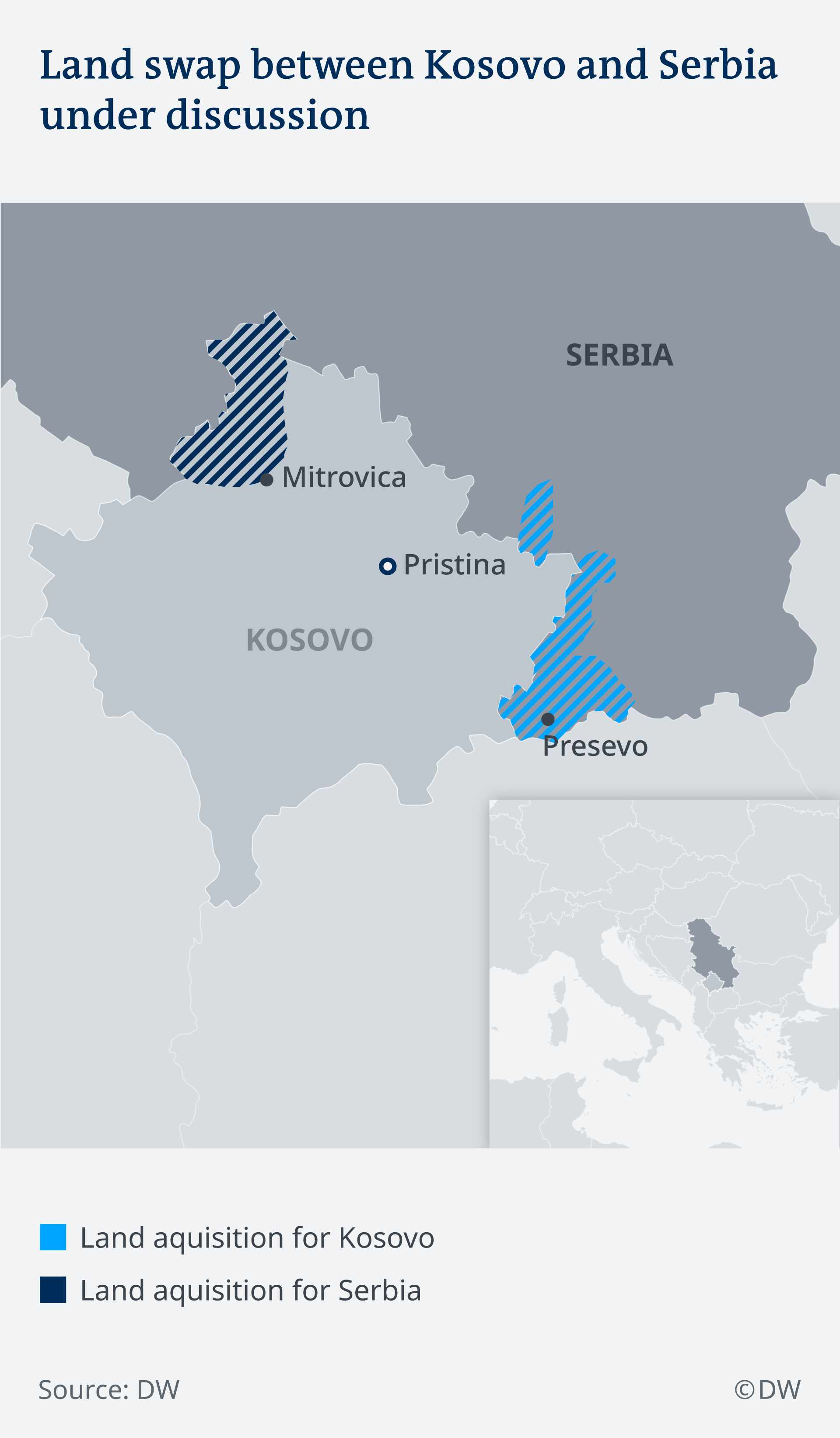 Mappa che mostra il possibile scambio territoriale tra Kosovo e Serbia. Credits to: Deutsche Welle.