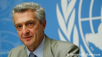 Schweiz, Genf: UN-Beauftragte für Flüchtlinge Grandi und der UN-Koordinator für humanitäre Hilfe, Lowcock, nehmen an einer Pressekonferenz teil (Reuters/D. Balibouse)