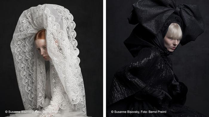 A photograph shows a woman wearing a tall lacey veil, while another shows a woman in all black with a giant bow on her head, Â© Susanne Bisovsky, Photo: Bernd Preiml 