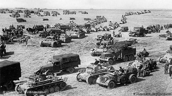 German tanks and military transport during the German invasion of Poland during WWII 