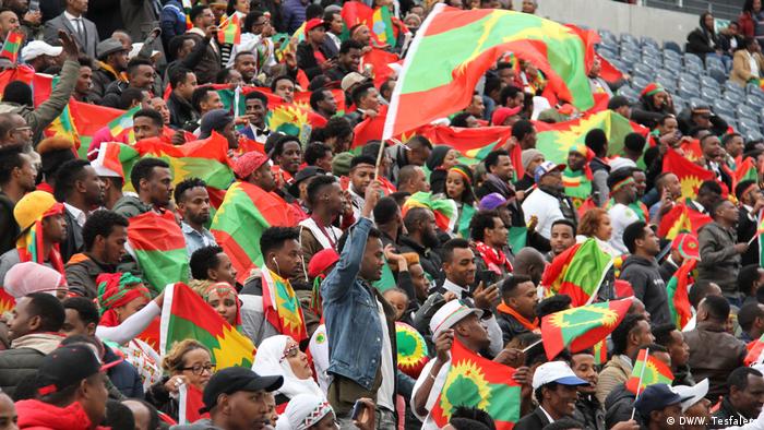 Crowds of flag waving Ethiopians in the Frankfurt Arena in October 2018 (DW/W. Tesfalem)