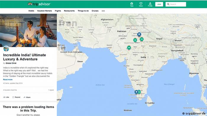 Screenshot of an itinerary for India on the TripAdvisor website (tripadvisor.de)
