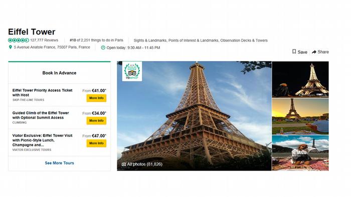 Screenshot of the Eiffel Tower and the number of user reviews on the TripAdvisor website