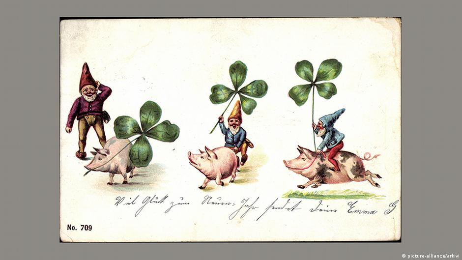 Historische Weihnachtskarten Zwerge auf Schweinen