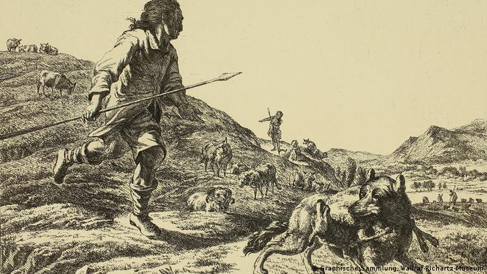 A man hunting a wolf illustration by Adam Bartsch (1757–1821) (Graphische Sammlung, Wallraf-Richartz-Museum)