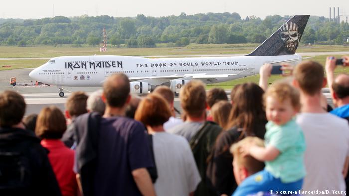 The British heavy metal band Iron Maiden lands their chartered Boeing 747 in Dusseldorf