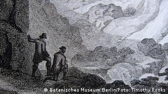Desenho em preto e branco mostra duas pessoas em paisagem rochosa