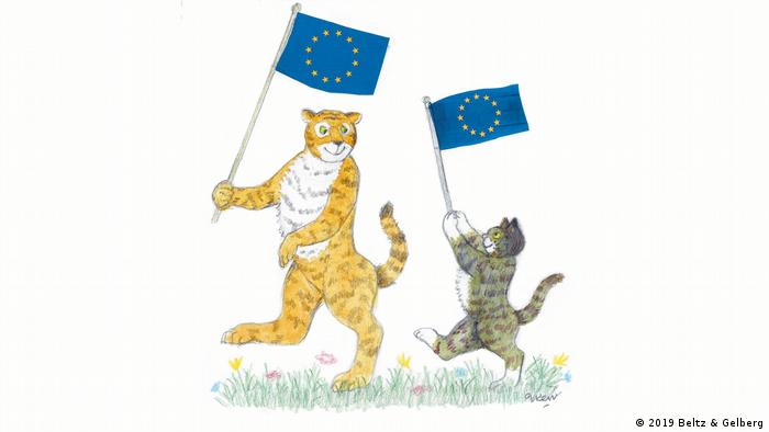 Judith Kerr envía a sus conocidas figuras, el tigre y el gato Mog a su viaje por Europa. Ambos ondean alegremente su bandera europea.