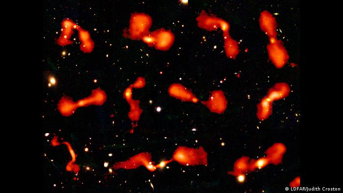 A montage of low-power radio galaxies from the HETDEX region of the LoTSS survey, shown on an optical background.
