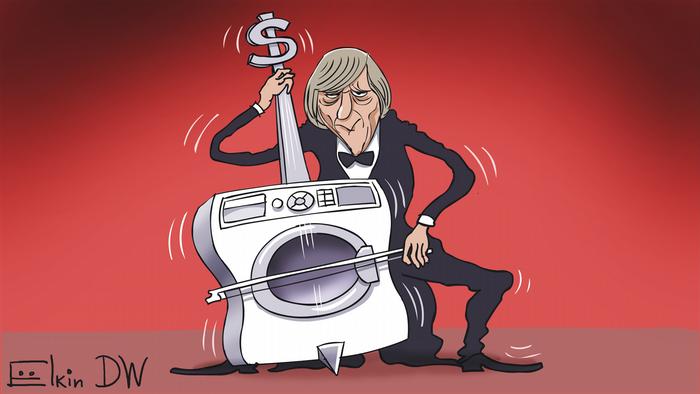 Карикатура Сергея Елкина на тему офшорных схем и отмывания денег банком Тройка Диалог