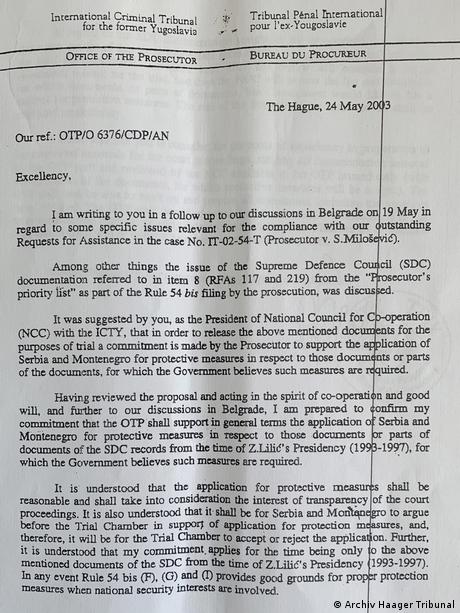 Brief des ehemaligen Außenministers Serbiens Goran Svilanovic an die ehemalige Anklägerin des Haager Tribunals Carla del Ponte (Archiv Haager Tribunal)