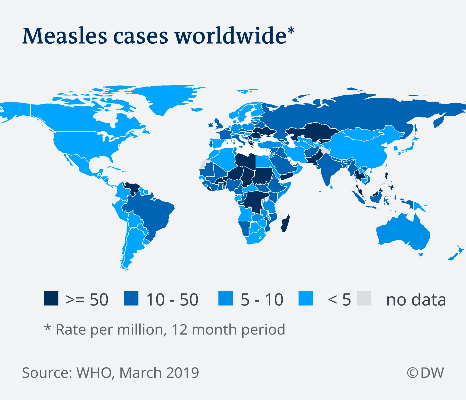 Map showing number of measles cases worldwide