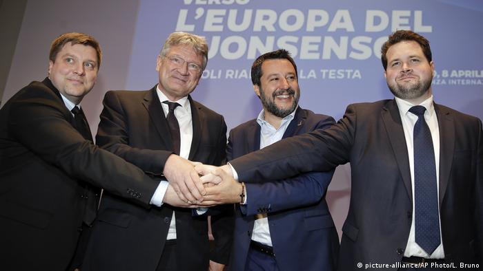 Olli Kotro, Jörg Meuthen, Matteo Salvini und Anders Vistisen