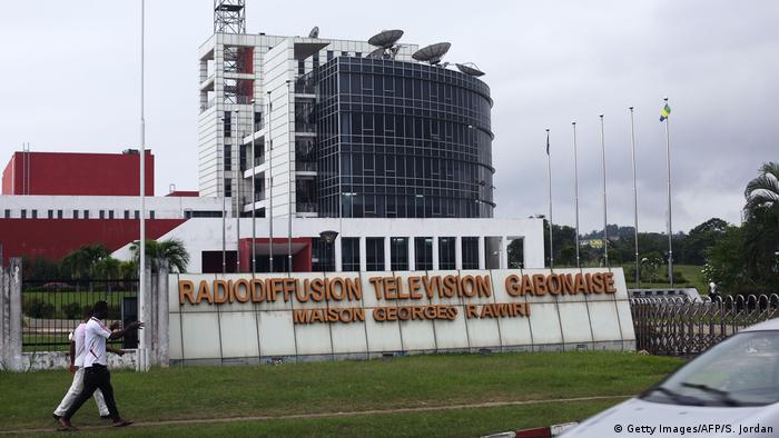 The outside of a radio and television station in Gabon