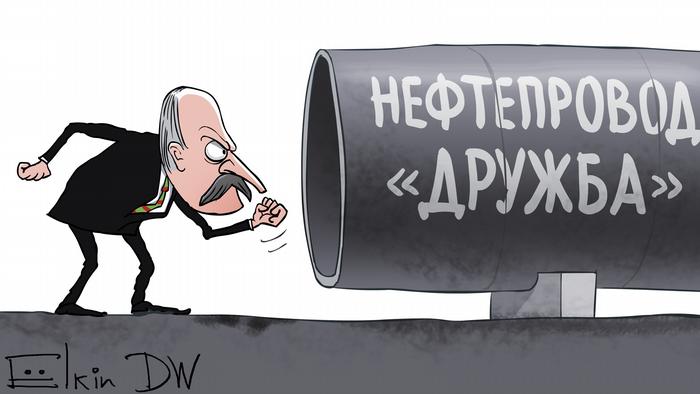 Карикатура СЕргея Ёлкина на тему загрязненной нефти в нефтепроводе Дружба