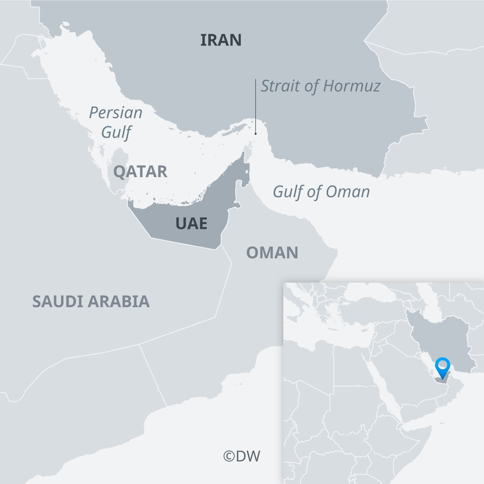 Map showing Iran, United Arab Emirates, Saudi Arabia and the Gulf of Oman