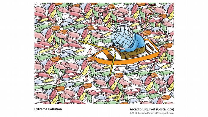 The Earth shown here as a person sitting in a boot, with a globe as its head, surrounding by plastic bottles floating in the water; the Earth as person holds its face in its hands, crying tears of desperation (Image: Arcadio Esquivel)