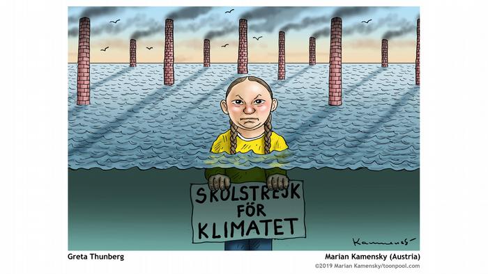 Greta Thunberg standing up to her neck in water, with smokestacks burning behind her. She's holding a poster that says school strike for the climate in Swedish, but it is under water. (Image: Marian Kamensky)