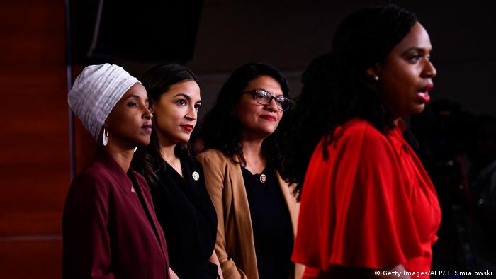 Ayanna Pressley speaks at a press conference on July 15, 2019, accompanied by Ilhan Omar, Alexandria Ocasio-Cortez and Rashida Tlaib.