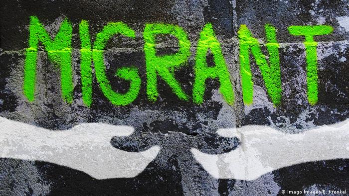 Hands coming together under the word Migrant