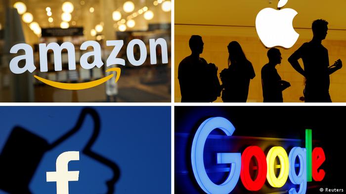 The logos of Amazon, Apple, Facebook and Google are seen in a combination photo
