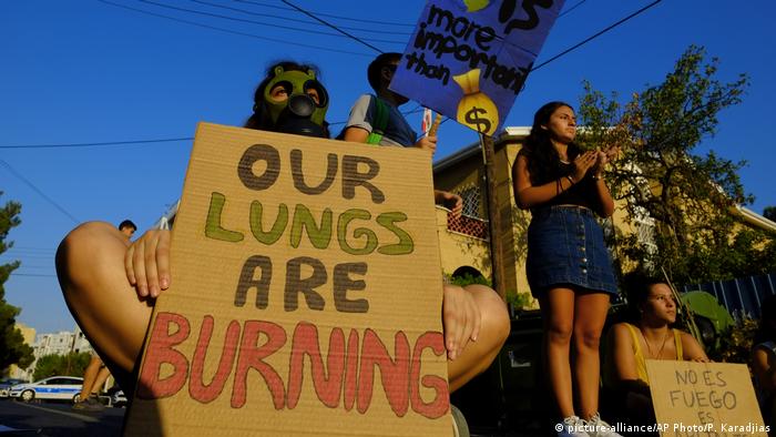 Zypern| Proteste zum Schutz des brennenden Waldes am Amazonas (picture-alliance/AP Photo/P. Karadjias)