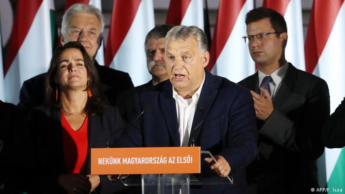 Hungarian Prime Minister Viktor Orban adresses the audience on stage after the local elections in Budapest, Hungary.