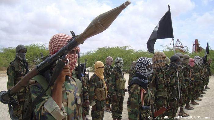 Al-Shabab fighters display weapons as they train in Mogadishu