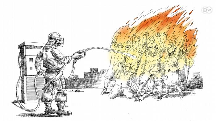 Cartoon on the Iran protests showing a security official spraying fuel on a burning crowd
