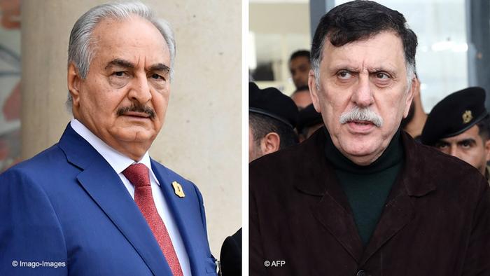 General Khalifa Haftar (left) and the leader of the UN-recognized government in Tripoli Fayez Sarraj (right)