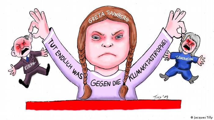 Drawing of an angry Greta Thunberg holding two little figures of old people by the ears (Jacques Tilly)
