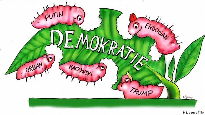 Drawing of cartoon caterpillars eating a leaf called democracy (Jacques Tilly)