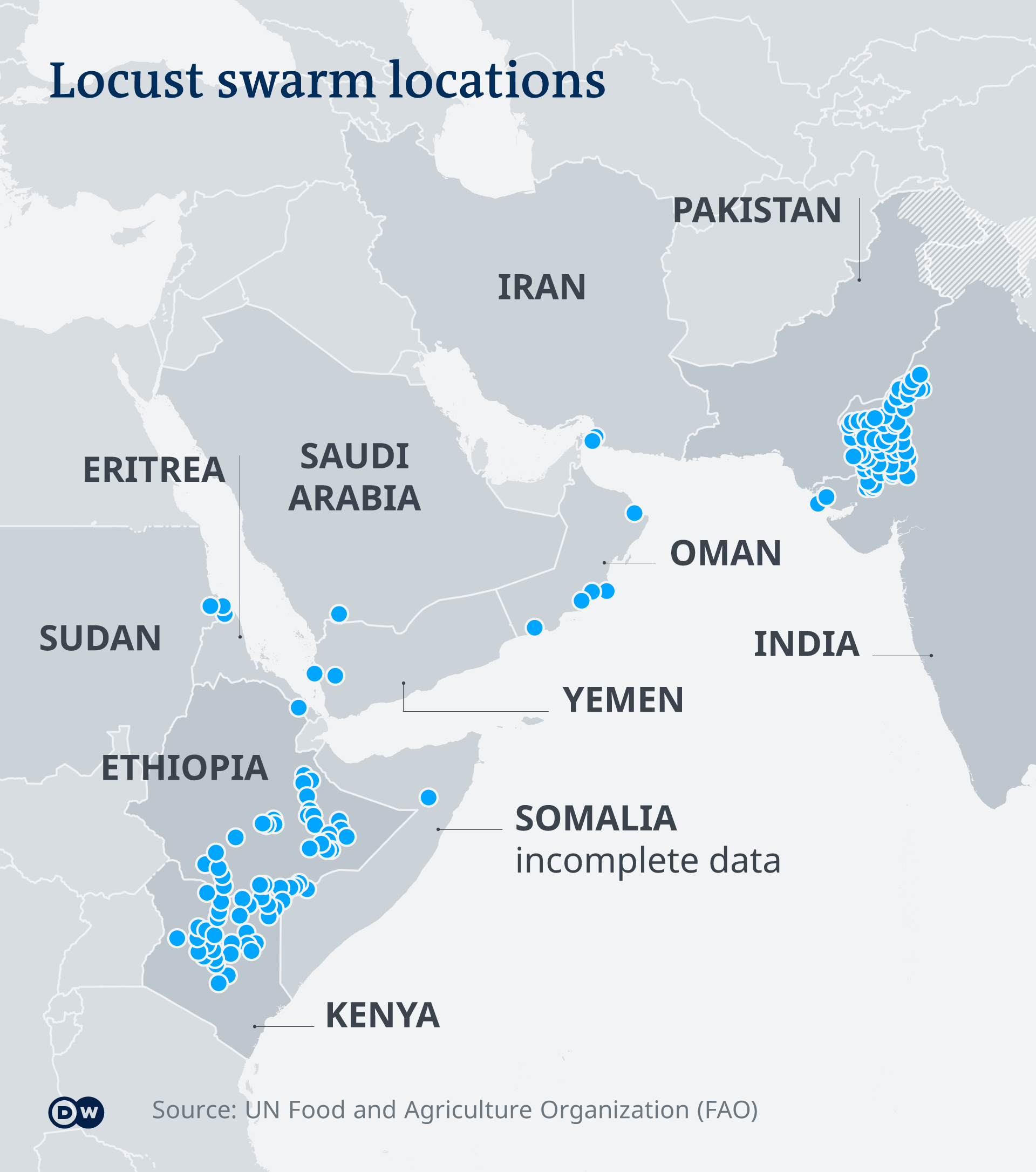 A map showing the location of locust swarms