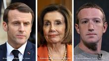 Kombobild Emmanuel Macron, Nancy Pelosi, Mark Zuckerberg