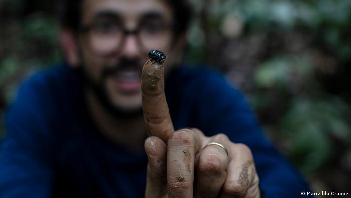 Biólogo Filipe França segura besouro