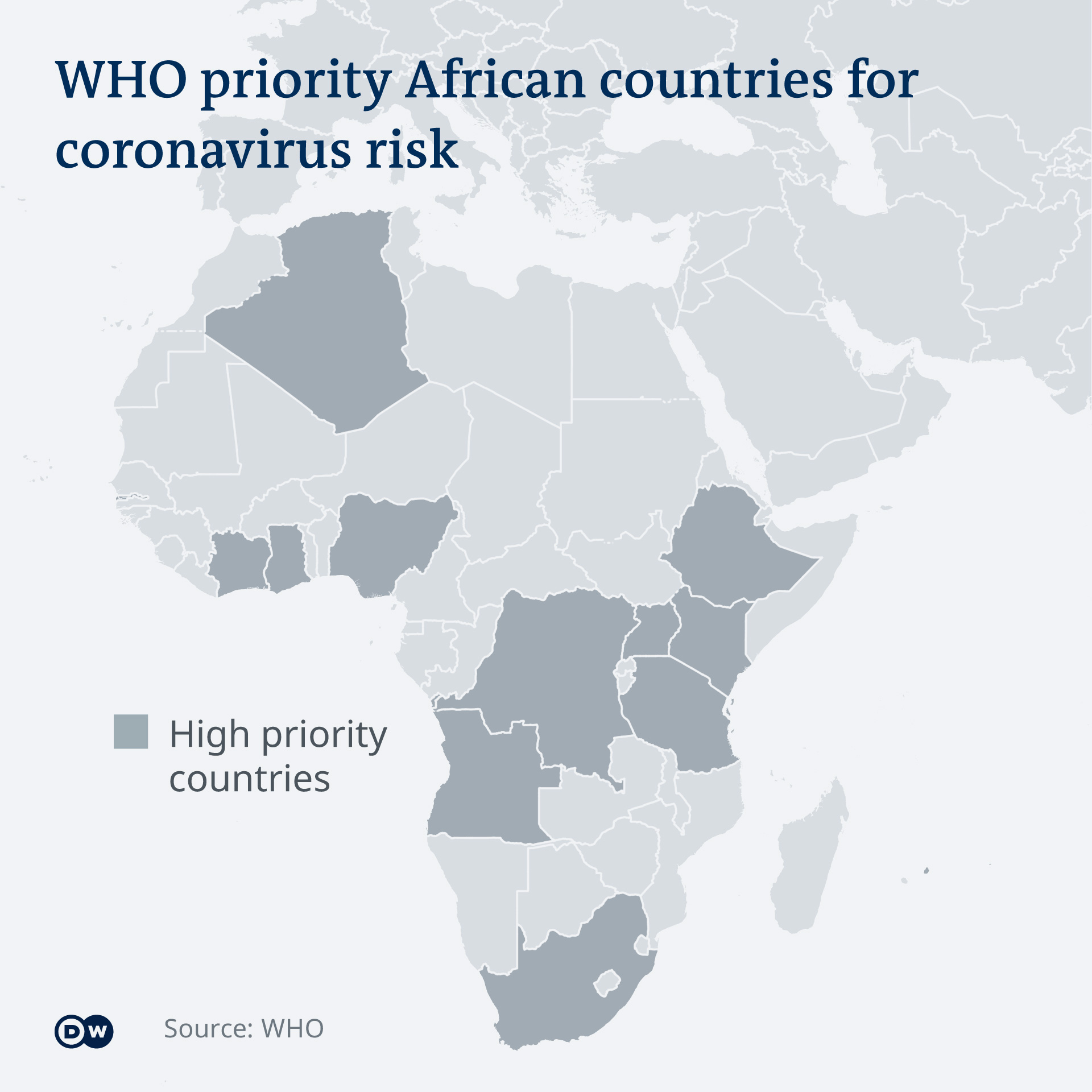 Map showing the 13 African countries prioritized by WHO for coronavirus: Algeria, Angola, Ivory Coast, Democratic Republic of the Congo, Ethiopia, Ghana, Kenya, Mauritius, Nigeria, South Africa, Tanzania, Uganda and Zambia