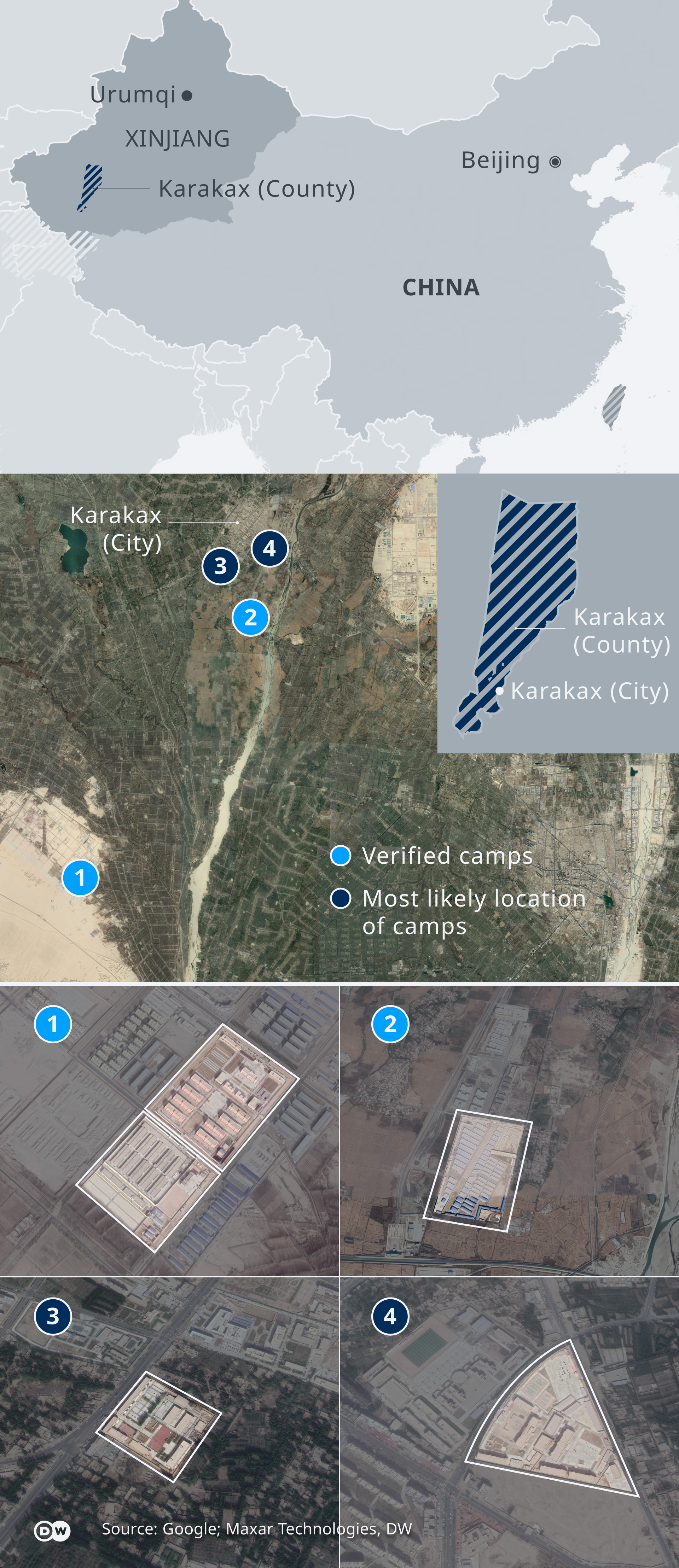A map of Karakax County and satellite images of Chinese 're-education' camps