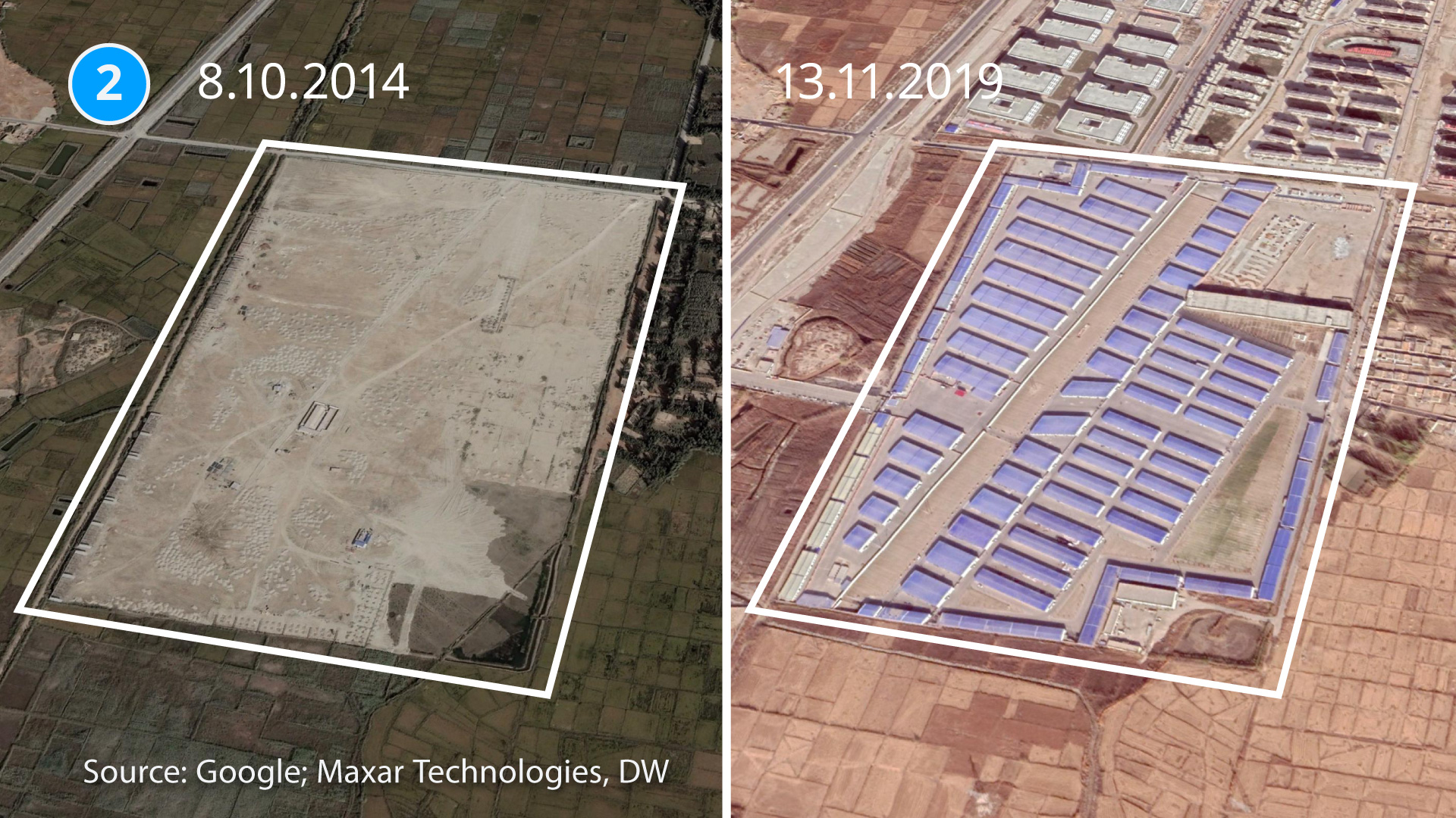 A satellite image of one of five newly built 're-education' camps in Hotan County, Xinjiang, China