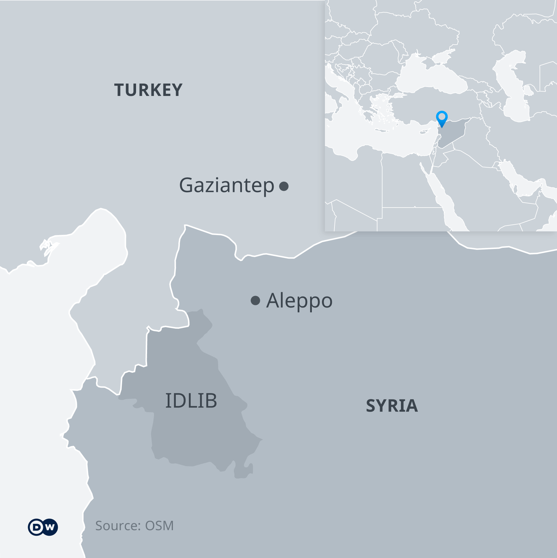 A map showing Turkey and Syria, highlighting Idlib, Aleppo and Gaziantep