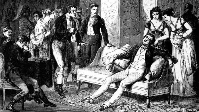 Sir Humphrey Davy passed-out on a couch, surrounded by other people from the high society