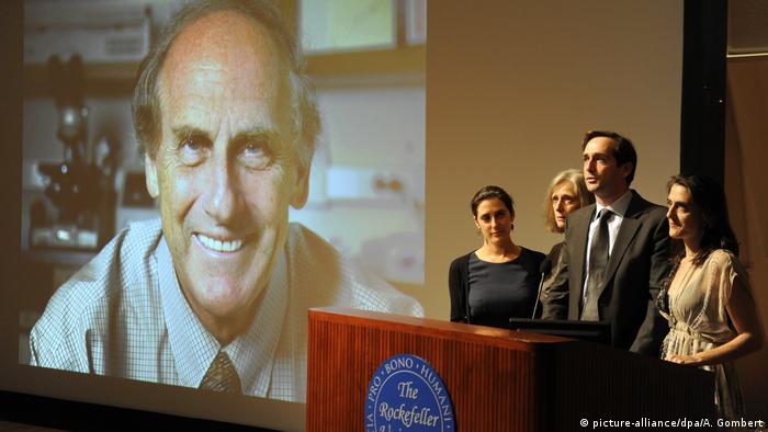 A ceremony in memory of Ralph M. Steinman: Lesley Steinman, Claudia Steinman, Adam Steinman and Alexis Steinman the family of Nobel Prize winner in Physiology or Medicine Ralph M. Steinman of Canada, Nobel Prize winner in Physiology or Medicine speak at a press conference at The Rockefeller University in New York, New York, on 03 October 2011. 