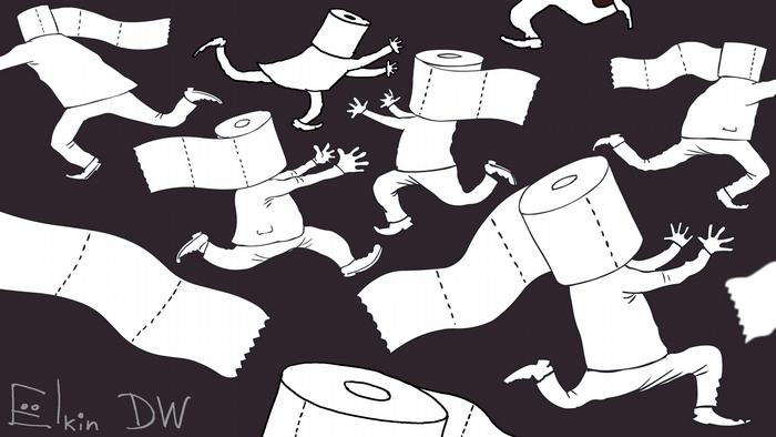Карикатура Сергея Елкина о пандемии коронавируса: бегущие люди с рулонами туалетной бумаги вместо голов