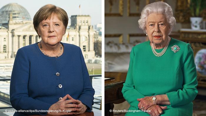 Montagem de fotos da chanceler federal alemã, Angela Merkel, e da rainha Elizabeth 2ª do Reino Unido